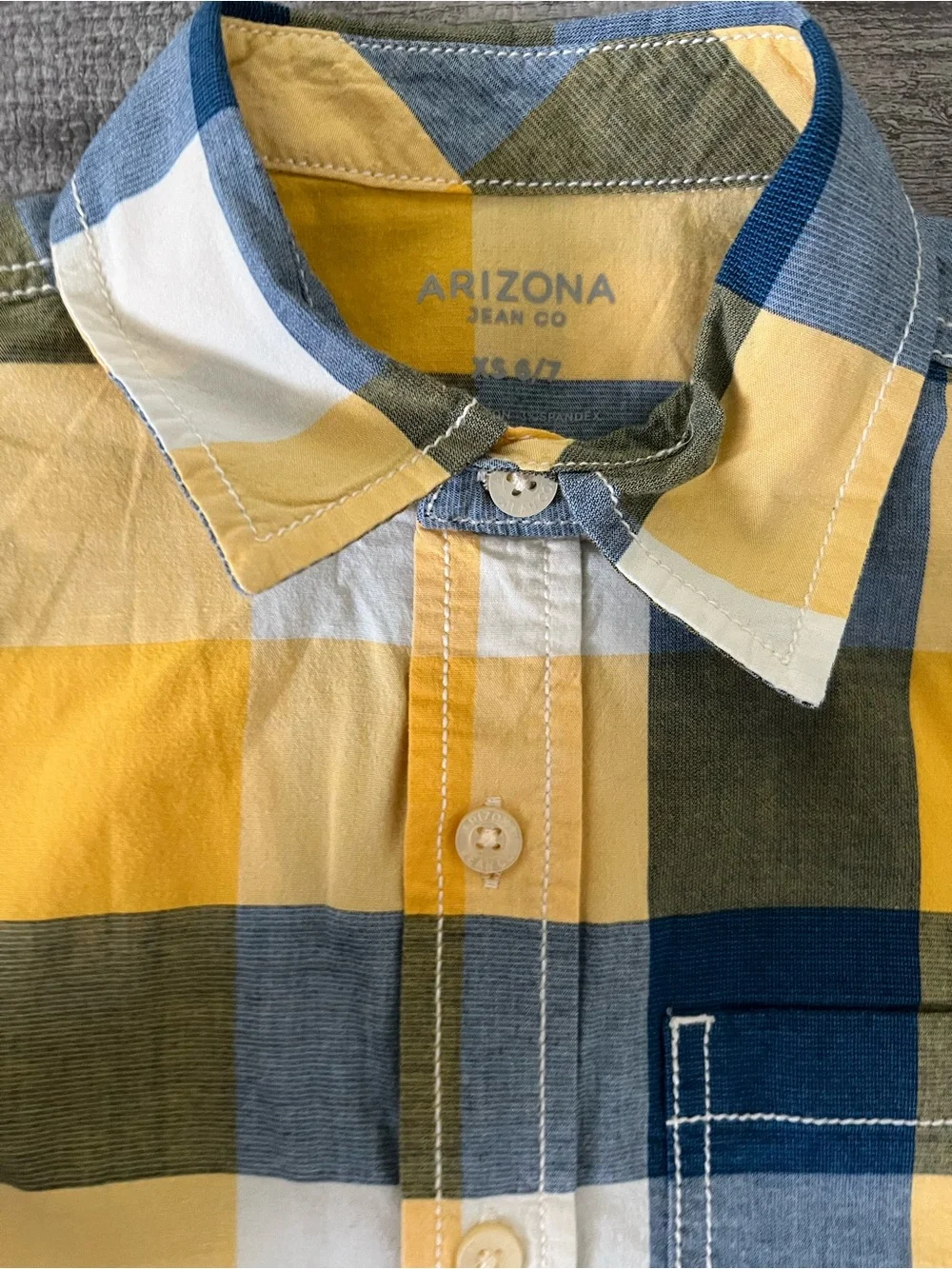 Arizona Jean Co Boys XS 6/7 Yellow Blue White Plaid Collared Button-Up Pockets